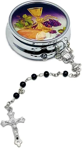 Rosario de metal plateado para la Primera Comunión con caja de metal plateado de Cristo (niño)