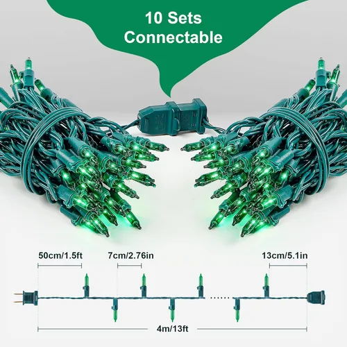 Vista 4 de 50 unidades de luces de árbol de Navidad verdes con cable verde, 13 pies, foco incandescente impermeable, luces de hadas enchufables, mini cadena