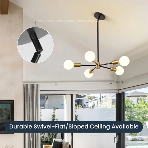 Vista 2 de RUIYEY Lámpara Sputnik Moderna, Lámpara de Techo Semiempotrada Negra y Dorada, Candelabros de Mediados de Siglo para Dormitorio, Comedor, Isla