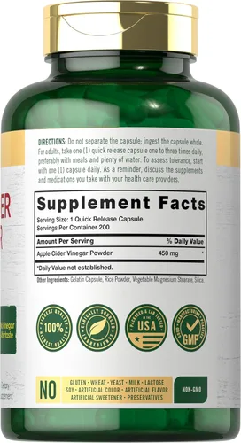 Vista 2 de Carlyle Cápsulas de vinagre de sidra de manzana 450 mg 200 píldoras Suplemento sin OMG, sin gluten