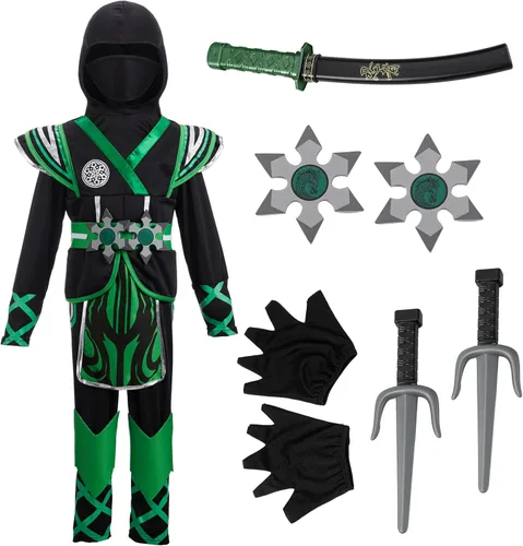Vista 5 de Disfraz de ninja verde para niños, fiestas temáticas de ninja, disfraz de Halloween, juego de rol ninja, fiesta de Navidad
