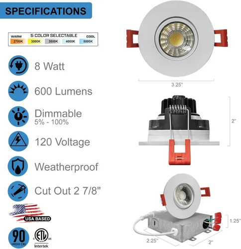 Vista 2 de Luces empotrables LED redondas sin lata ajustables de 3 pulgadas (4 unidades), 5 CCT: 2700K - 5000K seleccionables, 8 vatios 600 lúmenes, CRI 90