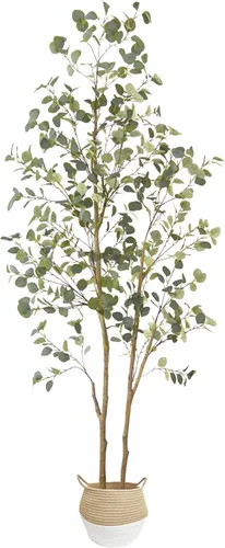Vista 8 de Warmplants Árbol de eucalipto artificial, hojas de seda verde de 4 pies de alto, planta sintética perfecta con canasta, árboles de eucalipto falsos
