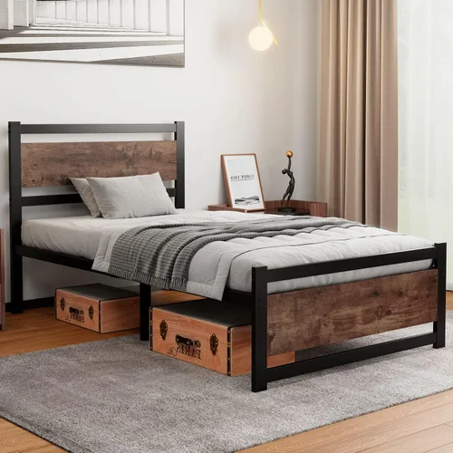 Vista 3 de ZIORS Base de cama con cabecera de madera, plataforma de base de colchón, metal, almacenamiento debajo de la cama, no necesita somier, sin ruido