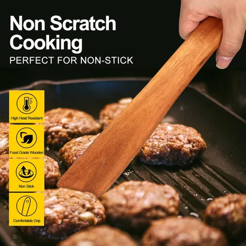 Vista 6 de Juego de 6 cucharas de madera de teca para cocinar, espátula de cocina, espátula ranurada, utensilios de madera antiadherentes para servir, remover