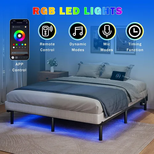 Vista 3 de SHOANED Base de cama tamaño King con LED, marco de cama de acero metálico de 7 pulgadas para somier y colchón, base de cama básica resistente, sin