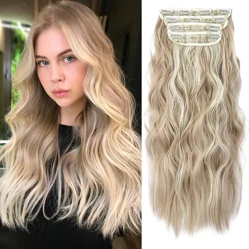 Vista 25 de Extensiones de cabello con clip, extensiones de cabello sintético ondulado de 14 pulgadas con clip (color: 22H10#)