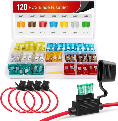 Nilight - 50030R 120 piezas Fusibles de cuchilla estándar 5A/7.5A/10A/15A/20A/25A/30A AMP Juego surtido con 5 paquetes de portafusibles en línea