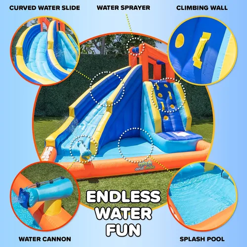 Vista 2 de Sportspower Big Wave II - Tobogán acuático inflable grande para exteriores con pared de escalada y piscina de chapoteo, resistente, certificado