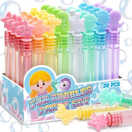 32 piezas de burbujas de sirena para niños con caja de regalo, 8 colores pastel mini varita de burbujas para decoraciones de cumpleaños de sirena,