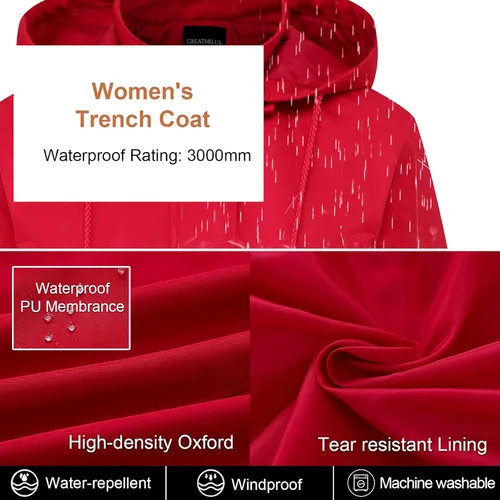 Vista 4 de CREATMO US Gabardina larga resistente al agua para mujer, chaqueta militar cortavientos con capucha reflectante extraíble