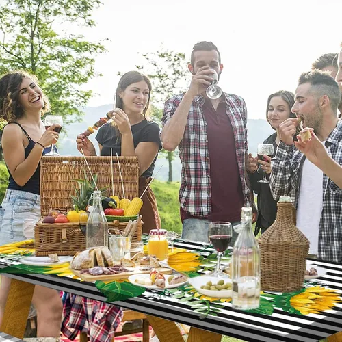 Vista 6 de Tucocoo Mantel impermeable a rayas de girasol, mantel para mesa plegable para mesas de 6 pies, cubierta de plástico con borde elástico para picnic