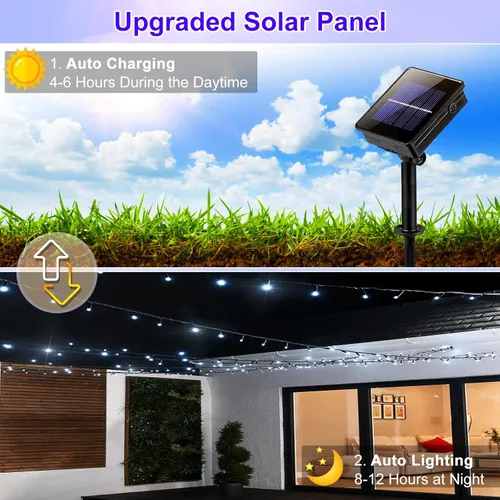 Vista 3 de 2 paquetes de luces solares de Navidad para exteriores, 158 pies 480 LED, luces de cuerda solares impermeables para exterior, 8 modos, luces