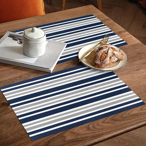 Vista 7 de Juego de 6 manteles individuales lavables de lino y algodón para cocina, mesa de comedor, color azul marino, gris y blanco, a rayas