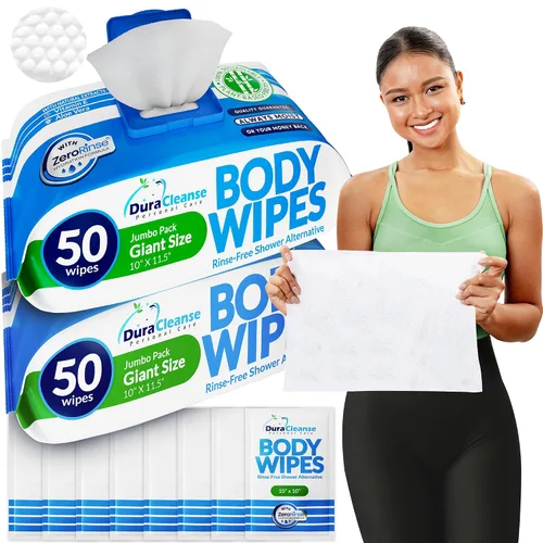 DuraCleanse - Toallitas de limpieza corporal sin enjuague para adultos, extragruesas y desechables para incontinencia y campamento, 100 toallitas XL
