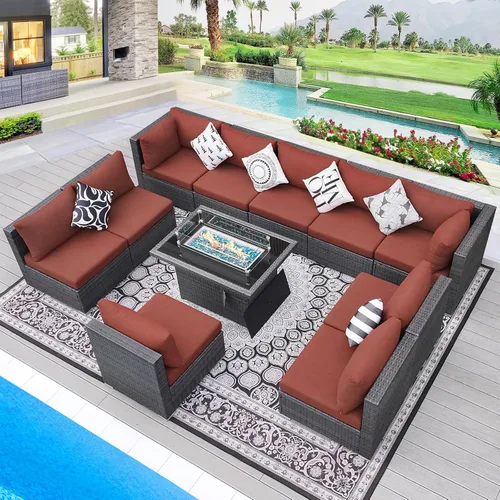 Vista 15 de BULEXYARD Juego de muebles de exterior de respaldo alto de 7 piezas con hoguera, juego de sofá de patio de mimbre duradero para todo tipo de clima