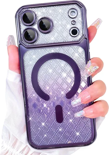 Vista 19 de Bonoma Funda con Purpurina Magnética para iPhone 16 Pro Max [Compatible con MagSafe], Funda Transparente Brillante de Lujo con Patrón de Corazones