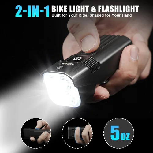 Vista 7 de Luz de bicicleta para conducción nocturna, 2000 lm faro de bicicleta y luz trasera, múltiples modos, 3000 mAh USB C recargable impermeable LED