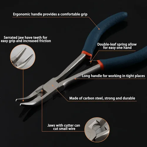 Vista 2 de SPEEDWOX Alicates de punta doblada de largo alcance con mandíbulas dentadas, alicates de punta larga en ángulo, alicates angulares con cortador