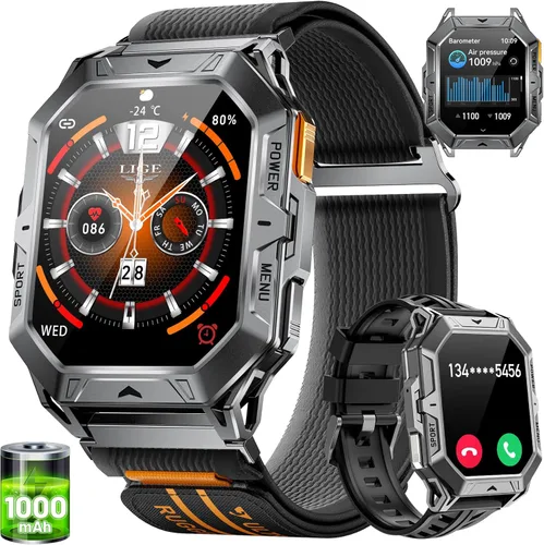 Vista 10 de LIGE - Reloj inteligente con batería de 1000 mAh, pantalla táctil completa AMOLED de 5,4 cm, relojes inteligentes militares para hombre con función
