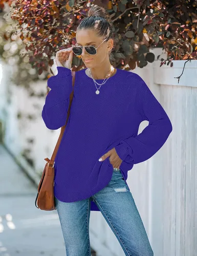 Vista 5 de MEROKEETY Suéter de manga larga de globo con cuello redondo para mujer, suéter de punto gofre, suéter suave para otoño 2023