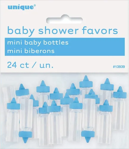 Mini botella de plástico azul bebé, 1 pulgada, 24 unidades, ideal para baby showers, bautizos y revelaciones de género