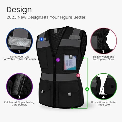 Vista 3 de Chaleco de seguridad para mujer con 11 bolsillos y cremallera, chaleco reflectante de alta visibilidad ajustado, chaleco de seguridad de neón
