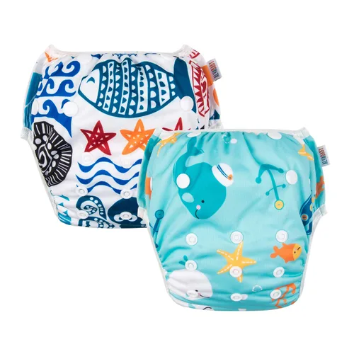 Vista 58 de Alva, Pañales de bebé para nadar, paquete de 2 unidades, talle único, reutilizable, lavable y ajustable de 0 a 36 meses. Tamaño de 10 a 40 lbs