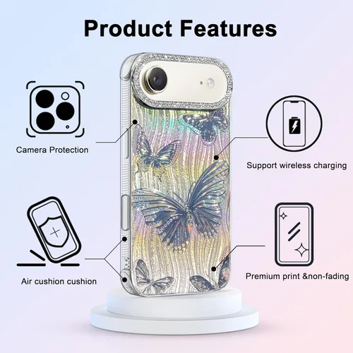 Vista 520 de I-MGAE-IN-AR - Funda diseñada para iPhone 12 y 12 Pro, diseño de mariposa plateada brillante, funda protectora de poliuretano termoplástico, suave