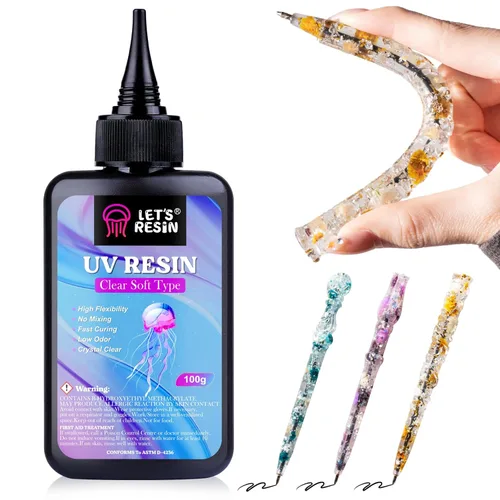 LET'S RESIN Resina UV tipo suave, 3.53 onzas de resina epoxi ultravioleta transparente elástica y flexible, kit de resina UV de baja contracción