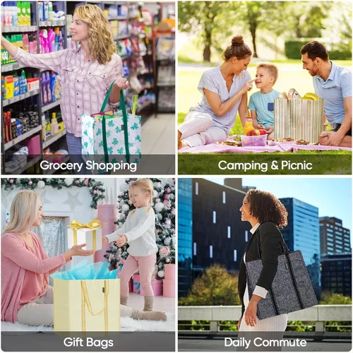 Vista 7 de BALEINE 4 PK Bolsas de supermercado reutilizables con fondo reforzado, bolsas de compras plegables resistentes (Trébol)