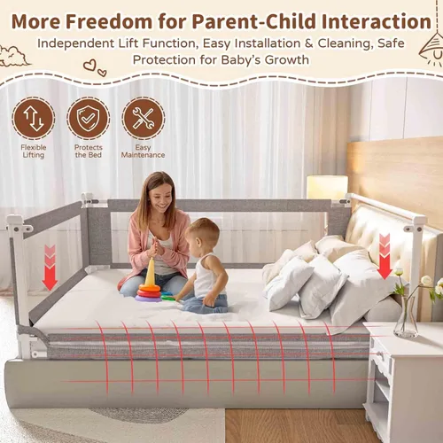 Vista 8 de Barandilla de cama de tamaño individual de 3 piezas para niños pequeños, protector de riel de cama de bebé de altura ajustable con barra