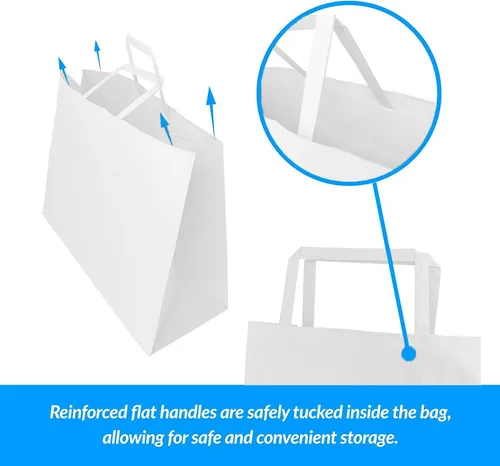 Vista 4 de Reli. Bolsas de papel para compras, color blanco, 60 unidades, grandes de 16 x 6 x 12 pulgadas, bolsas de papel blanco kraft con asas, resistentes