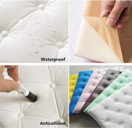 Vista 4 de Paneles de pared de espuma autoadhesivos 3D, 23.6 x 11.8 pulgadas, decoración de cuero revestido, anticolisión, cojín suave para cubrir paredes