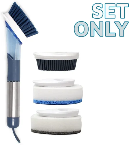 Vista 2 de CBC Crown Cepillo dispensador de jabón para lavar platos con 4 cabezales de cepillo y juego de recarga adicional