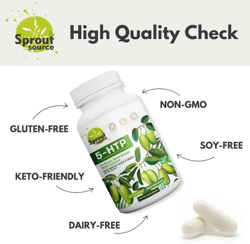 Vista 6 de Suplemento 5-HTP de 200 mg, apoya el sueño saludable y el estado de ánimo con calcio, sin OMG, sin gluten, 90 cápsulas