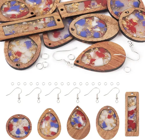 Vista 34 de Beadthoven - Dijes de madera de resina para bricolaje, colgantes de aretes de lágrima multicolor, triángulo, círculo redondo, rombo, barra