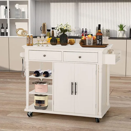 Vista 11 de PHI VILLA Carrito de isla de cocina con ruedas - Isla de cocina móvil con hoja caída, mesa de cocina enrollable con almacenamiento