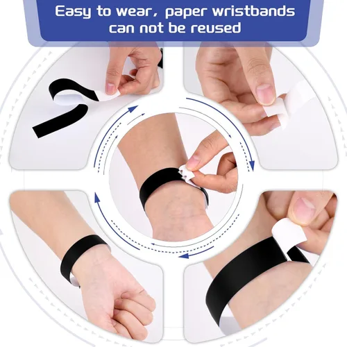 Vista 4 de 2000 pulseras de papel para eventos, impermeables, color negro neón, pulseras adhesivas de identificación de conciertos, bandas de mano para eventos