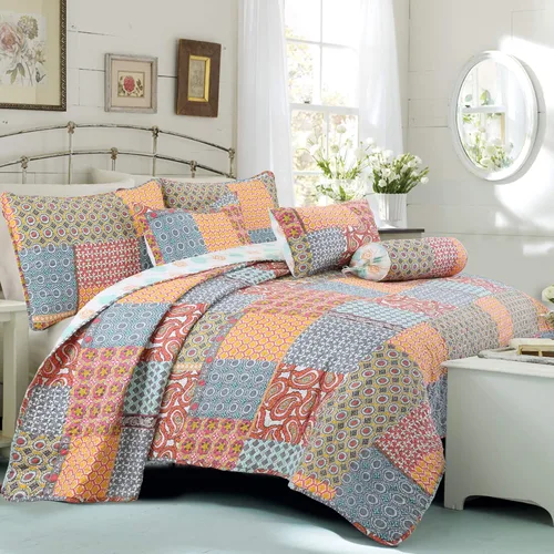 Vista 8 de Cozy Line Home Fashions Moorea - Juego de ropa de cama reversible de microfibra con retazos, gris, amarillo, coral, azul aguamarina, colcha