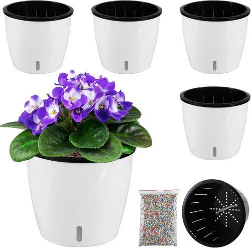 Vista 11 de Planterhoma Macetas de riego automático de 5 pulgadas para plantas de interior, 6 paquetes de macetas de violeta africana con indicador, maceta