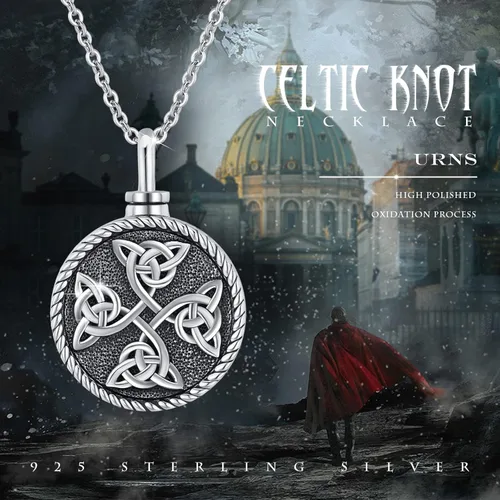 Vista 3 de ConBo Collar de urna de nudo celta negro para cenizas de plata de ley 925 con dije de medallón redondo de recuerdo con herramientas talla única