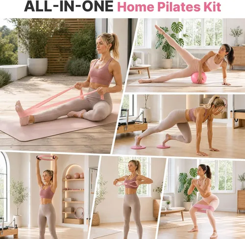 Vista 3 de Kit de pilates para entrenamientos en casa - Juego de equipo de pilates de Conjunto de Pilates Rosa