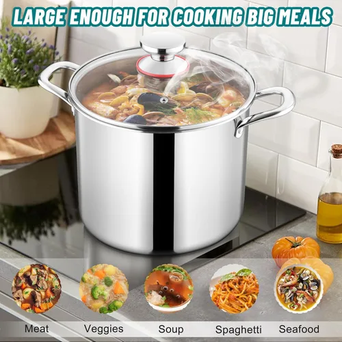 Vista 6 de TeamFar Olla de 10 cuartos de galón, olla grande de acero inoxidable de tres capas para sopa de pasta con tapa de vidrio, para gas de inducción