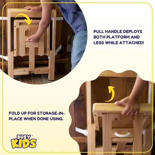 Vista 5 de Fold 'N Store Taburete para niños pequeños, taburete de madera para cocina y baño, ayudante plegable para lavado de manos, cepillado de dientes