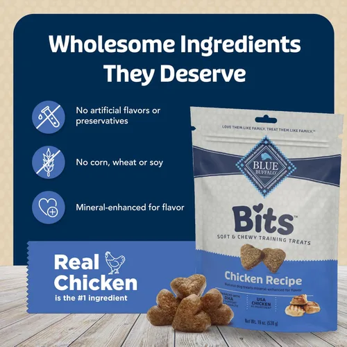 Vista 7 de Blue Buffalo Bits Golosinas suaves para entrenamiento para perros, hechas con ingredientes naturales y mejoradas con DHA, receta de pollo, bolsa