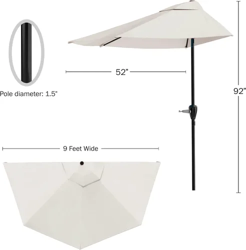Vista 2 de Pure Garden Half Umbrella - 9 ft Patio Umbrella with Easy Crank - Half Umbrella Outdoor Patio Shade