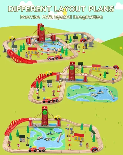 Vista 5 de SainSmart Jr. Juego de tren de madera para niños pequeños, pista de tren de madera de doble cara con 4 trenes compatible con Brio, Thomas, Melissa