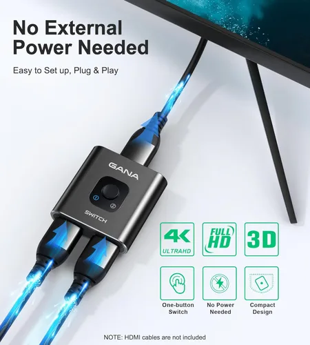 Vista 6 de Interruptor HDMI 4 K a 60 Hz, interruptor HDMI bidireccional de aluminio GANA 2 en 1 salida, concentrador HDMI manual compatible con HD compatible