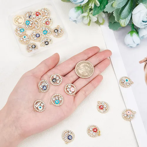 Vista 4 de NBEADS 24 dijes planos redondos con diamantes de imitación de cristal, 6 colores de aleación esmaltada contra el mal de ojo, abalorios planos